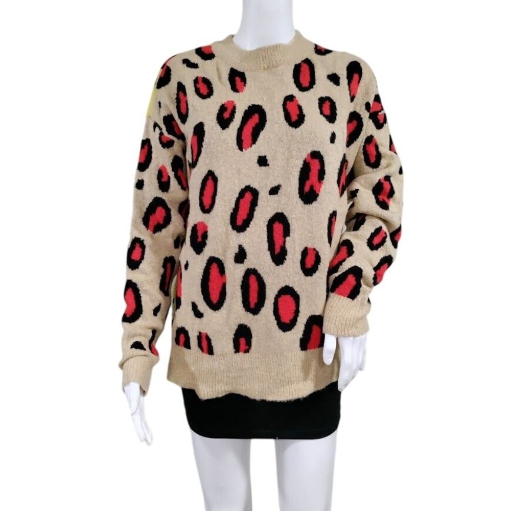 RD Style NWT Cheetah Print Two Tone Sweater Cozy Oversized Pullover Womens S/M